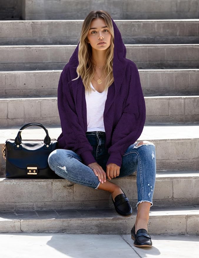 Zilcremo Women Hooded Cardigan Fuzzy Jacket Winter Open Front Fleece Coat Outwear with Pockets