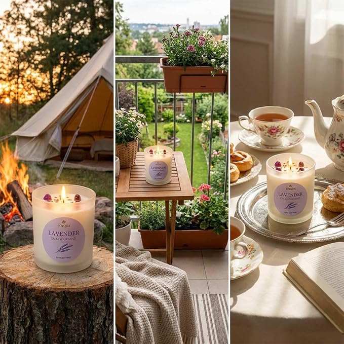Meditation Candle Gift, 9 oz Lavender Crystal Candle, Wood Lid