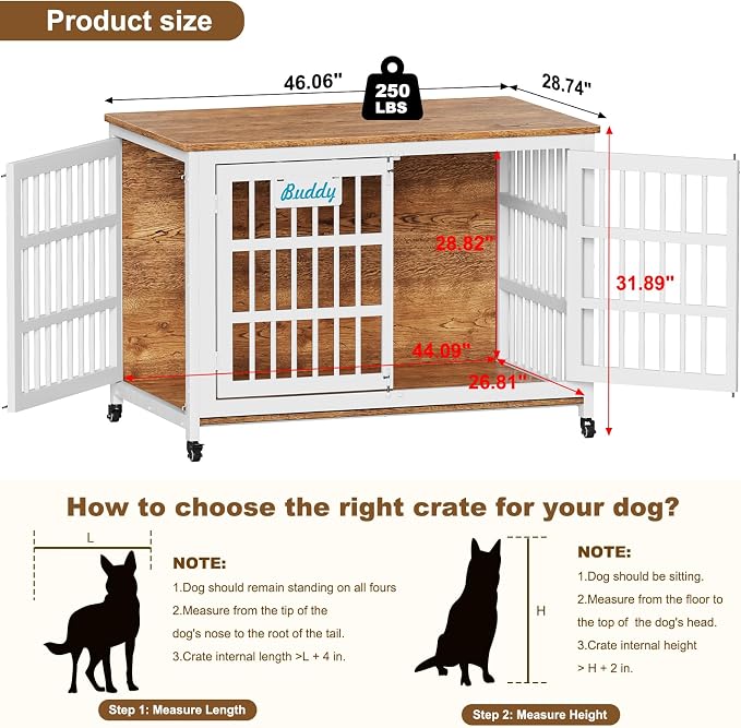 EasyCom 46"/42"/33" XXL Heavy Duty Dog Crate Furniture with Casters | Dog Kennel Indoor with Name Tag, Escape-Proof and Chew-Proof Dog Cage for Large High Anxiety Dog, as End Table
