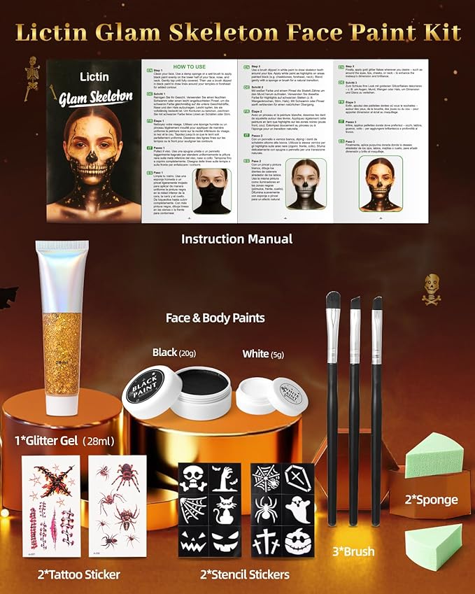 Lictin Black and White Face Body Paint with Gold Glitter Gel, Zombie Skeleton Makeup Face Paint, Professional Make Up Kit for Halloween, Costume, Cosplay, Carnivals for Adults & Kids