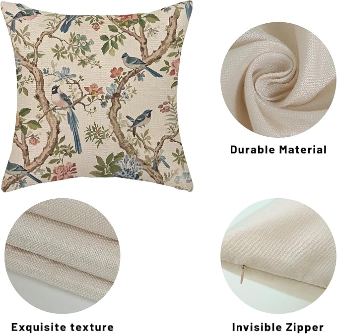 Navy Blue Green Flower Bird Pillow Covers 18x18 Set of 2 Chinoiserie Floral Throw Pillows Vintage Bird Decorative Pillow Cases Outdoor Chinoiserie Decor Farmhouse Cushion Case for Couch Sofa