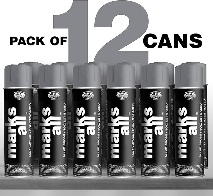 Fox Valley 18oz Marks All Solvent-Based Marking Paint Spray, 12-Pack Aluminum – Long-Lasting, Weather-Resistant Spray Paint for Wet or Dry Surfaces Like Metal, Grass, Concrete, Wood, & More