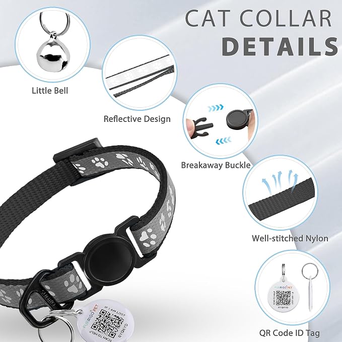 Breakaway Reflective Cat Collar with QR Name Tag & Bell (Black)