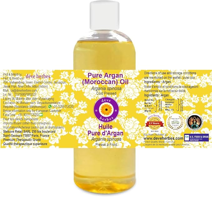Deve Herbes Pure Argan (Moroccan) Oil (Argania spinosa) Cold Pressed 200ml (6.76 oz)