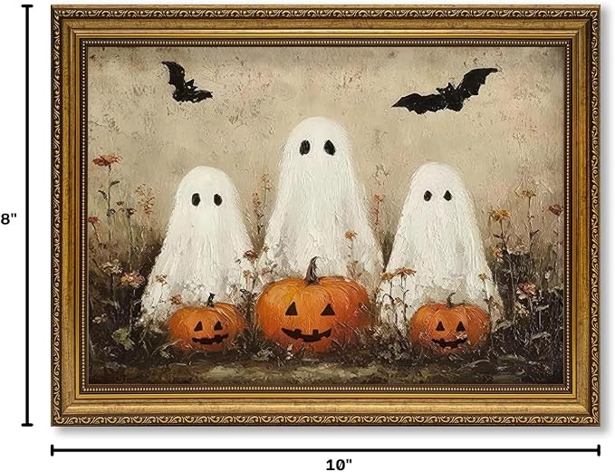 JLTULT Cute Ghost Halloween Wall Art, Vintage Framed Canvas, 8 x 10 In | Cute ghosts and pumpkins on fade-resistant canvas with a ready-to-hang ornate PS frame for entryways and Halloween displays