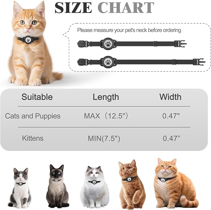 Airtag Cat Collar, Stretchy Kitten Collar with Apple Air Tag Holder, Black
