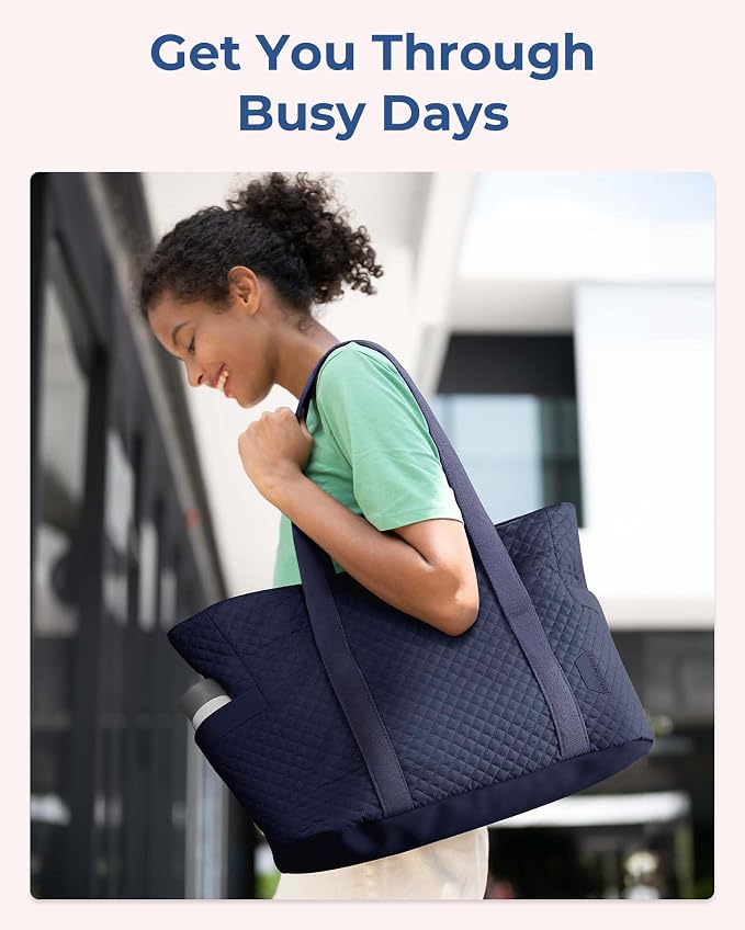 BAGSMART Crush Tote Bag for Women, 20L Puffer Work Tote with Zipper, Travel Essentials Quilted Nurse Hospital Bag