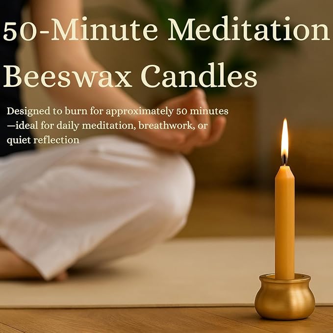 Australian Made 50 Minute Pure Beeswax Candles, Beeswax Meditation Candle Set, Set of 20 mini Candles with Brass Holder, Stress Releif Gifts for Women,Non Toxic Yoga Candle (50 Min Set + Holder)