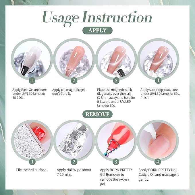 BORN PRETTY Cat Magnetic Eye Gel Nail Polish,Tuberose Green Magnetic Gel Polish Shimmer Magnetic Eye Gel Manicure Nail Art DIY 15ml
