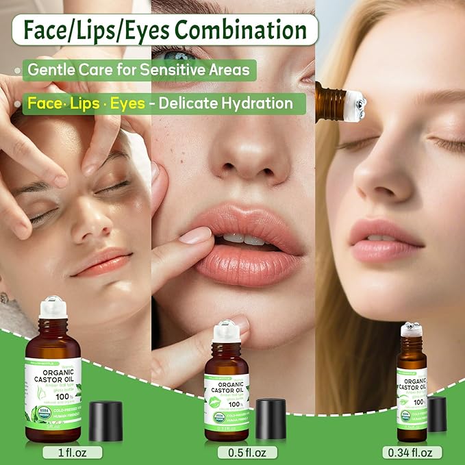 6-in-1 Castor Oil Roll on for Eye,Face,Hand,Feet,Body Skin,Certified Organic Cold Pressed Castor Oil Roller ball unrefined Glass Bottle - Total 5.58 fl.oz