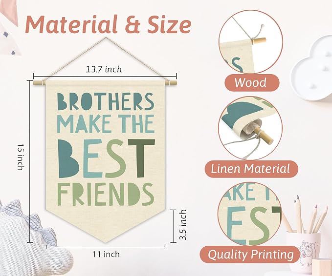Boy Nursery Decor Canvas Banner,Brothers Make The Best Friends Bedroom Playroom Wall Art Decorations,Boho Twin Room Sign,Big Bro Lil Bro, Sage Green Blue Kids Room Wall Hanging Pennant Banner