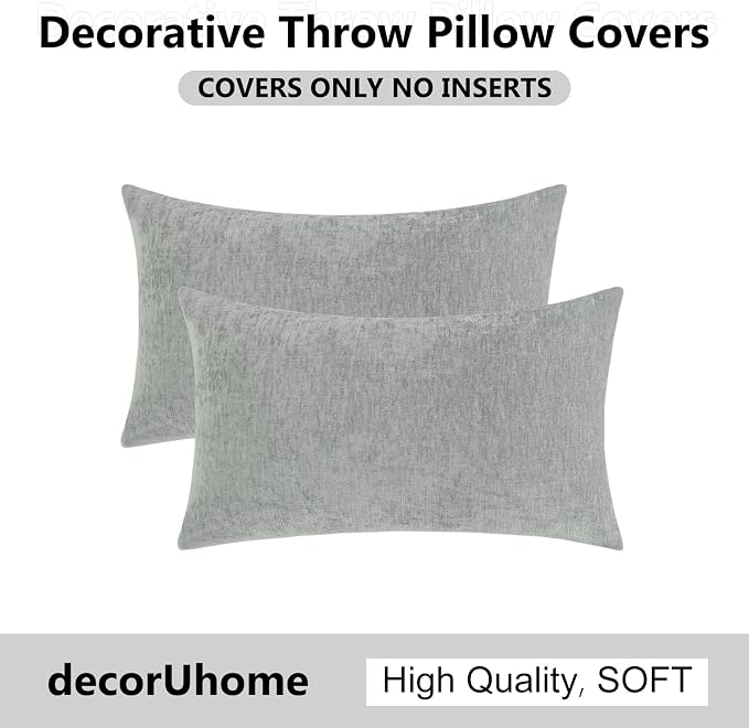 decorUhome Soft Chenille Grey Throw Pillow Covers 12X20 Set of 2 | Decorative Fall Couch Pillow Covers Solid Dyed Accent Modern Farmhouse Neutral Rectangle Pillow Cases for Sofa