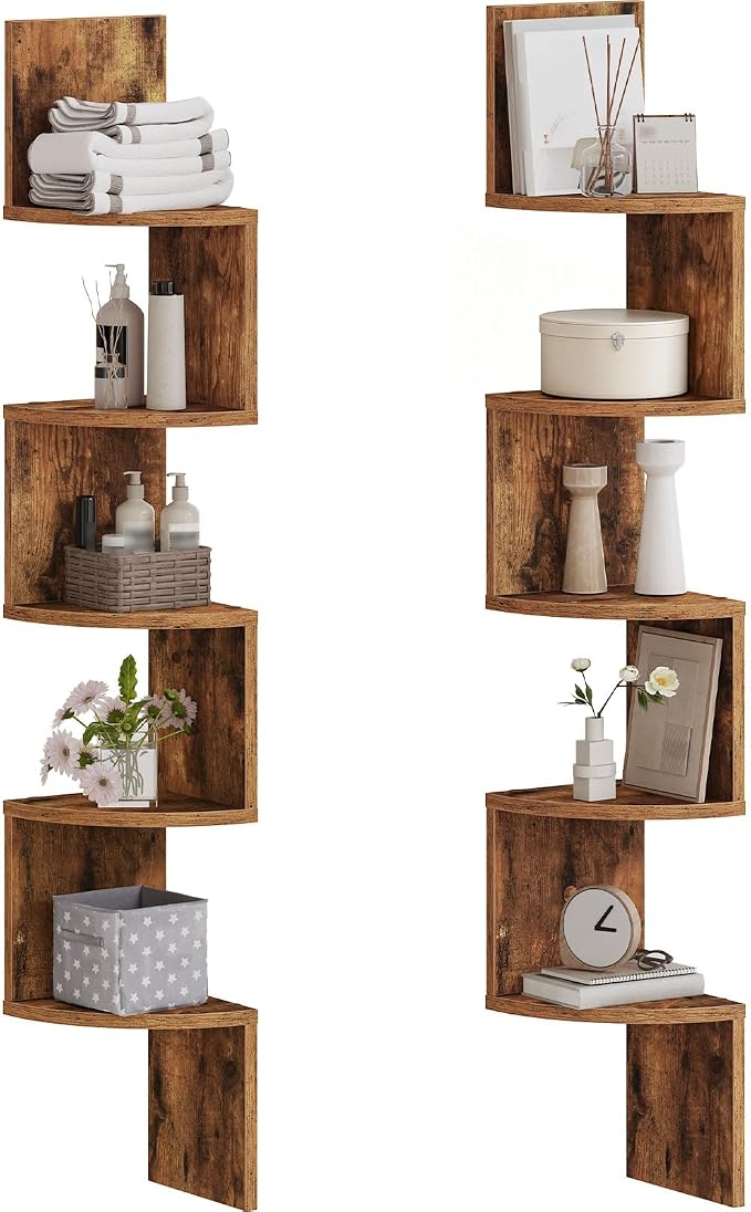 HOOBRO Corner Shelf Wall-Mounted, Set of 2 Floating Corner Shelves for Wall, 5-Tier Corner Bookshelves for Living Room, Bedroom, Bathroom, Home Office, Rustic Brown BF26BJP201