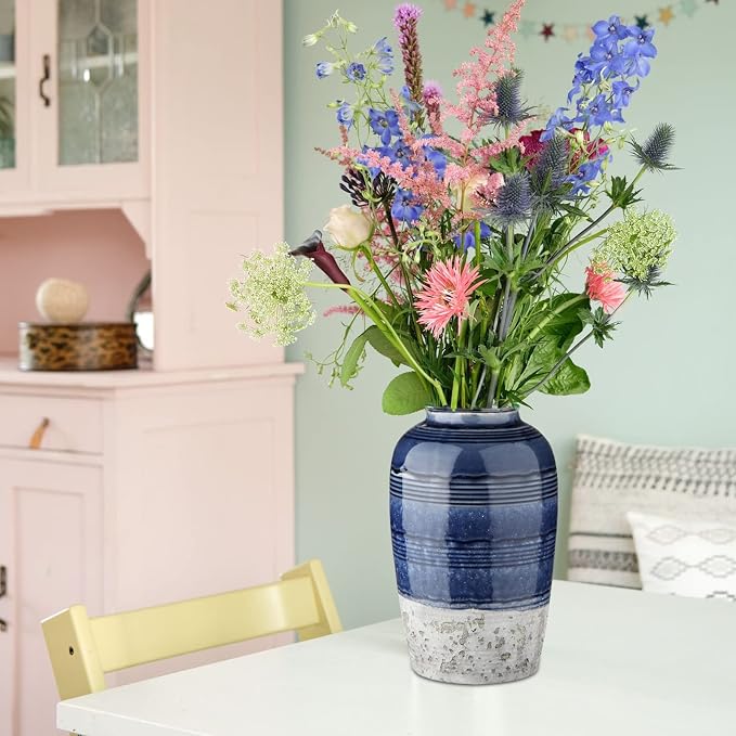Decorative Ceramic Vases for Home Decor Two Tone Boho Flower Vase for Table Centerpieces Big Blue Pottery Vase Table Flowers Decor Vase Living Room Shelf Fireplace