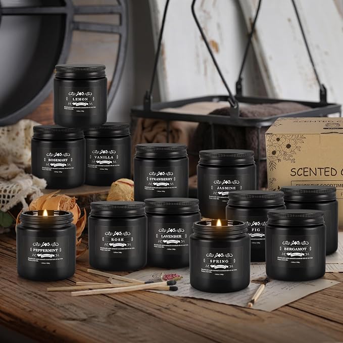 Howemon Scented Candle Set 12 Pack,Black, Candle for Home Scented, Odor Eliminating, Stress Relief, Long Lasting Soy Wax Gift Set