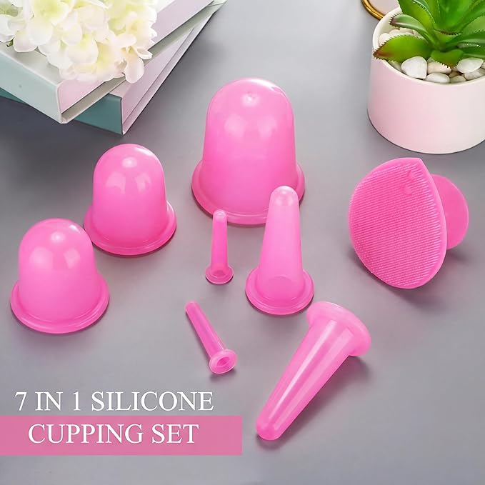 BBTO Silicone Facial Cupping Set, Vacuum Massage Cup Kit for Body, Face, Neck, Back, and Eye, 6 Cups and Exfoliating Brush (Translucent Pink)