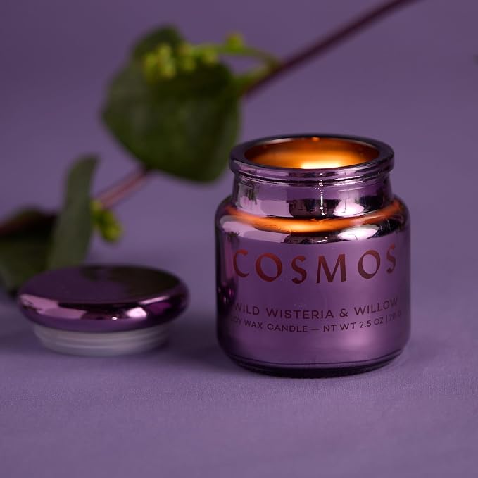 Paddywax Chroma Scented Candle with Lid in Reusable Metallic Etched Glass Jar, Clean- Burn Soy Candle with Approx. 14 Hour Burn Time, Violet – Cosmos, Wild Wisteria & Willow, 2.5 oz