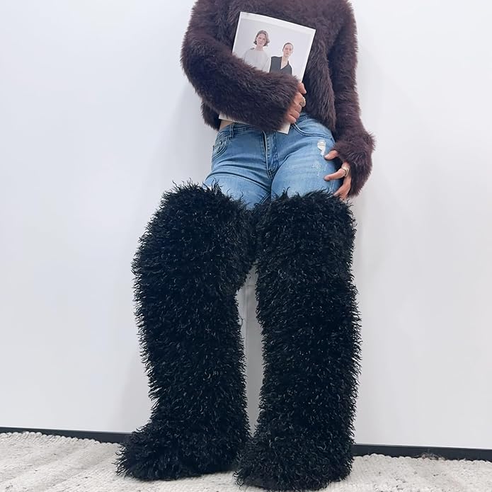 SWEETHEART BEAUTY Thigh High Shagy Teddy Fur Boots, 29 Inch Over the Knee Length Fluffy High Boots, Tall Furry Shoes For Women