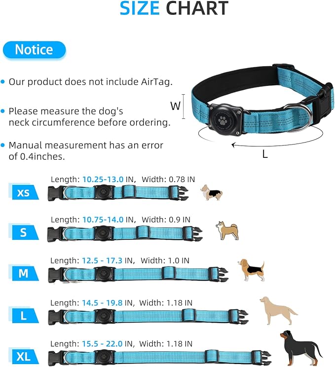 Upgrade Dog Collar with AirTag Holder, IP68 Waterproof, Blue, L | Built-in Water Resistant AirTag holder, 1000D Nylon, Reflective Stitching for Night Visibility, Soft padding for Comfort