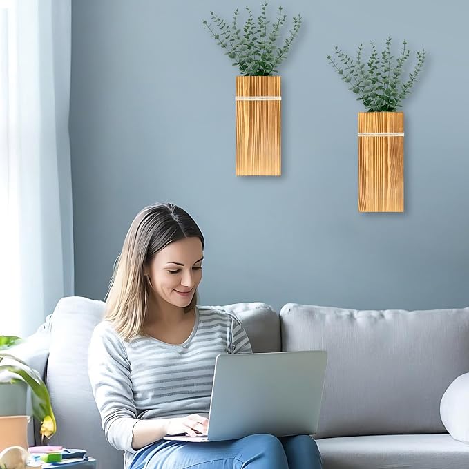 Wall Planters for Indoor Plants-2 Pack Wood Wall Vases for Dried Flowers & Artificial Plants Modern Farmhouse Wooden Vase for Living Room Bedroom Kitchen Decorations - Brown Large