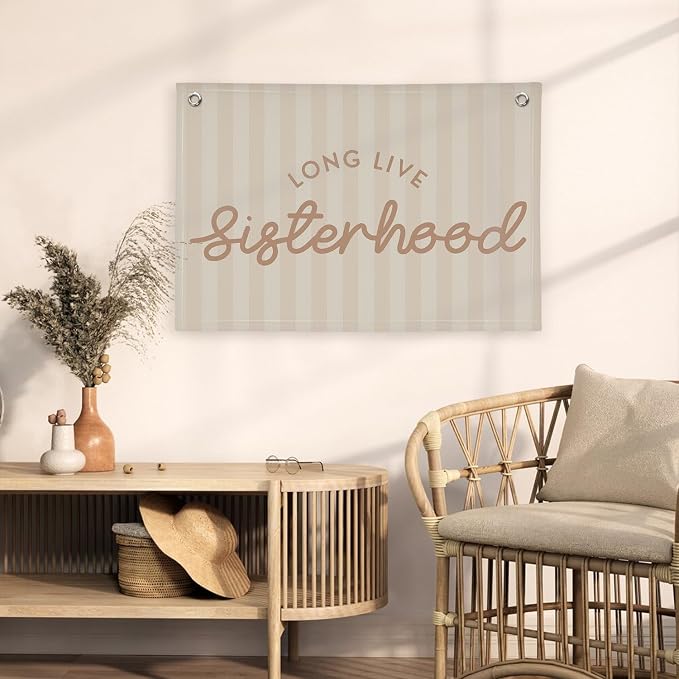 Girls Room Decor Long Live Sisterhood Linen Hanging Banner Flag Pink Stripes Banner for Toddler Playroom Wall Decor for Kids Bedroom Dorm Toddler Decorations Trendy Room 30x20,girlroom