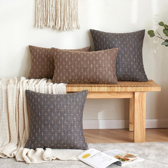 MIULEE Pack of 2 Decorative Vintage Burlap Linen Brown Throw Pillow Covers Modern Farmhouse Pillowcase Rustic Woven Textured Cushion Cover for Sofa Couch Bed 12x20 Inch Dark Coffee