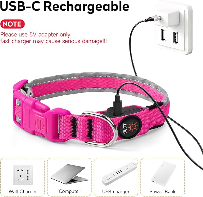LED Dog Collar, Light Up Dog Collar,for Night Walking(Small,Pink) | Adjustable,Bright RGB 7 Colors Light Glowing Collar,Waterproof,Nylon,Soft,For Small and Medium Dogs,USB C to Charge