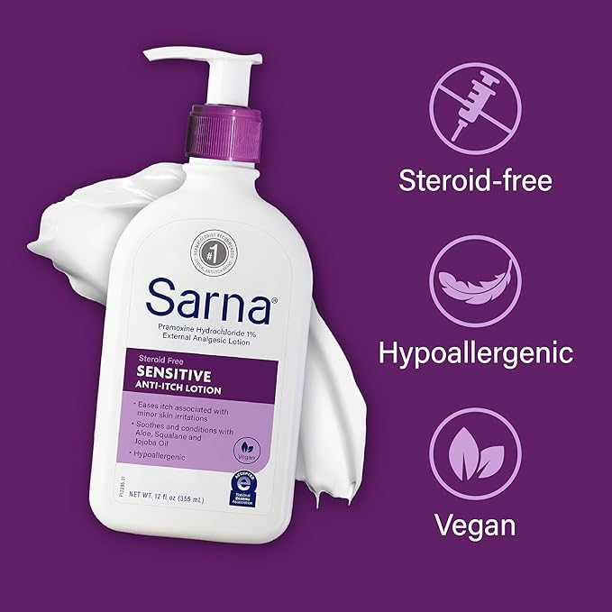 Sarna Sensitive Anti-Itch Lotion, Steroid-Free, Fragrance-Free, Vegan, Hypoallergenic, National Eczema Association Accepted, 1% Pramoxine Hydrochloride, 12 oz