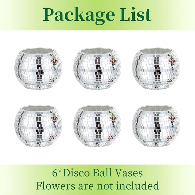 Disco Ball Vases for Table Centerpieces - Hewory 6pcs Silver Mirror Glass Planters Flower Pot Containers, Bulk Disco Balls Bowl Candle Holders for Wedding Bridal Shower Birthday Events Party Decor