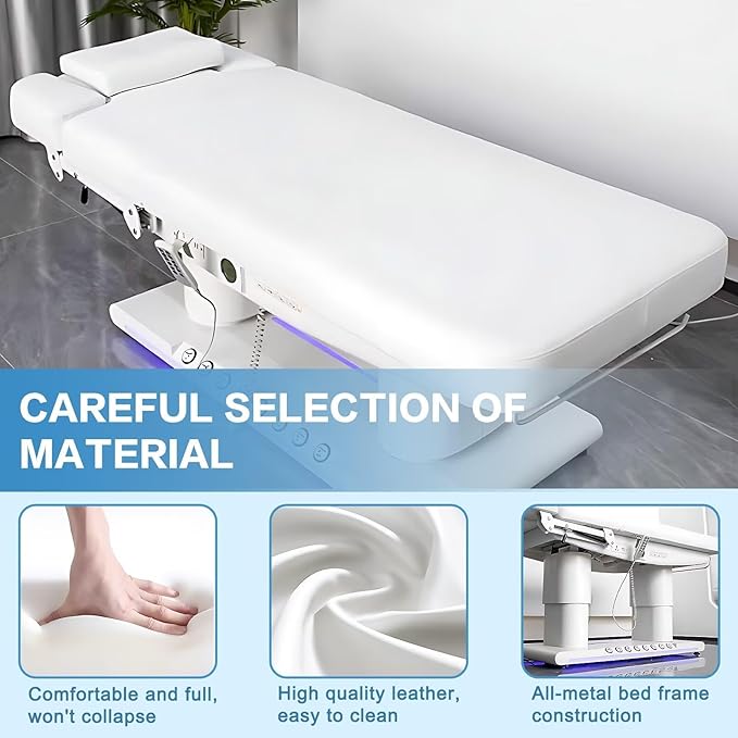 Electric Facial Bed - Message Table Includes White Modern Design with Mood Light,Spa Beauty Bed with Multi-Angle Adjustment & One-Button Heating,Towel Rack for Tattoo Shop