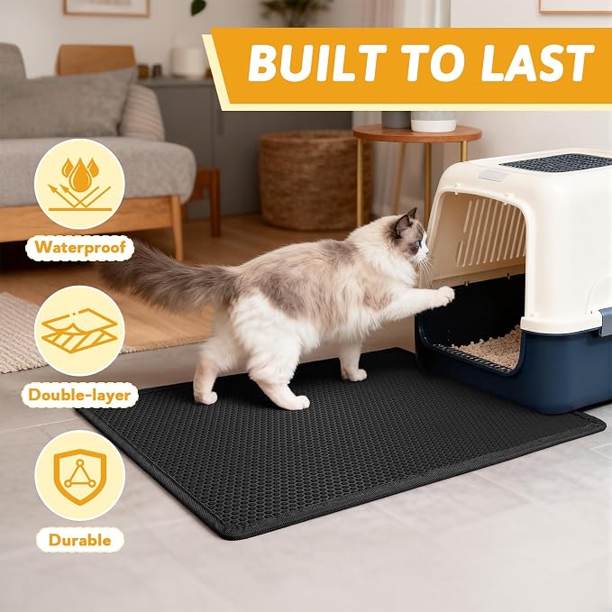 Pieviev Kitty Litter Mat, Double-Layer Waterproof Design, 30" x 24" Black | Honeycomb Litter Box Mat Catches Scattered Particles to Stop Tracking, Urineproof Base protects Floors, Easy to Clean