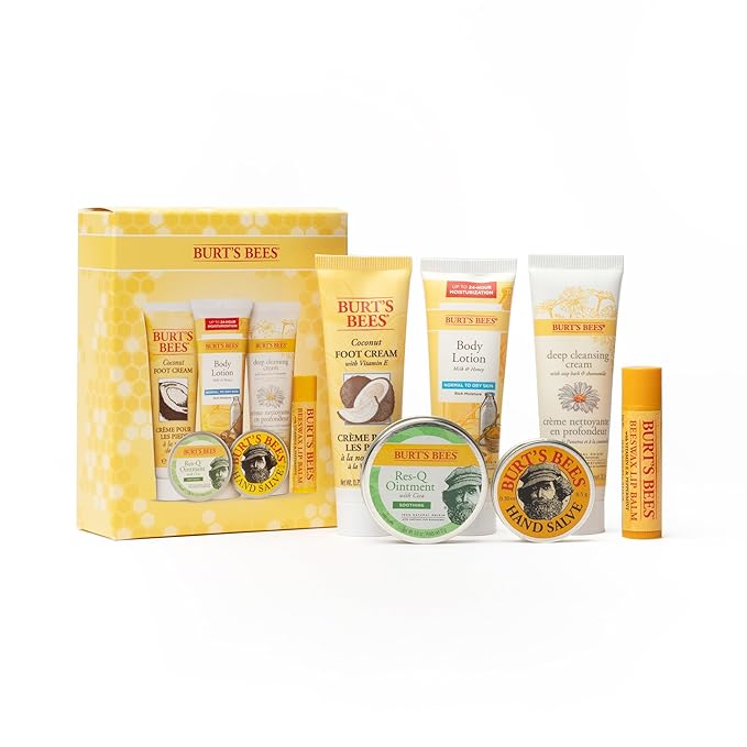 Burt's Bees Mothers Day Gifts Ideas - Timeless Minis Set, 6 Products - Beeswax Lip Balm, Coconut Foot Cream, Honey Body Lotion, Deep Cleansing Cream, Res-Q Ointment & Hand Salve
