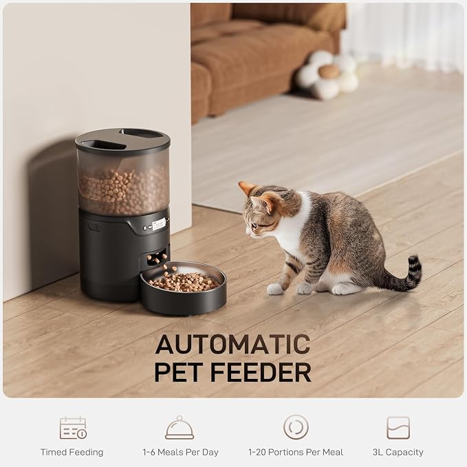 IMIPAW PET Automatic Cat Feeder: 3L Auto Food Dispenser with Timed Feeding| 6 Meal Programmable& 1-20 Portion Precise Control- Easy to Clean for Cat Indoor| Desiccant Keep Food Fresh with Staiess Bowl