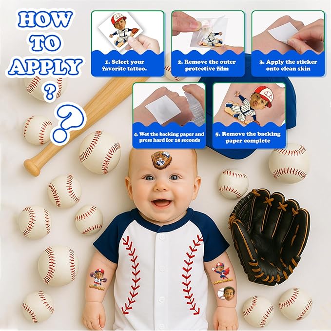 Custom Baseball Temporary Tattoos for Kids - Personalized Pre-Cut Face Photo Tattoos - Fun Birthday Party Favors for Boys, Baseball Fans - Set of 20 Unique Celebration Gifts