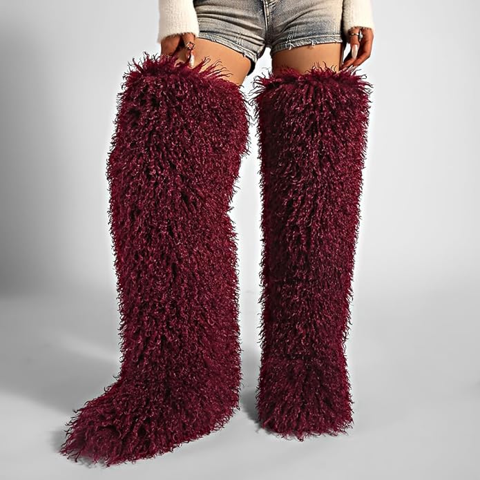 SWEETHEART BEAUTY Thigh High Shagy Teddy Fur Boots, 29 Inch Over the Knee Length Fluffy High Boots, Tall Furry Shoes For Women