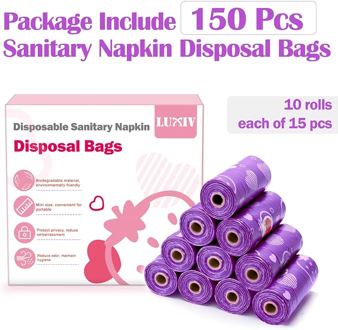 Luxiv 150Pcs Sanitary Napkin Disposal Bags, Pink Disposable Sanitary Bag Personal Care Disposal for Tampons Trash Bag, Disposable Mini Bags for Women Privacy Handling Bag Diaper Sack (Purple)