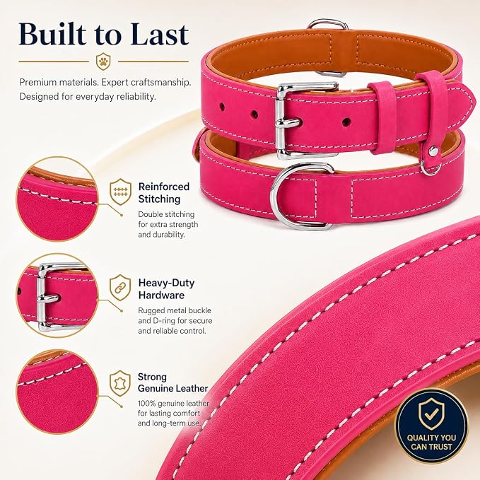 Genuine Leather Dog Collar, Soft Padded Leather Dog Collars with Airtag Holder Case for Small Medium Large X-Large Dogs,Comfort Heavy Duty Pet Collar with Durable Metal Buckle & D-Ring-Pink/S