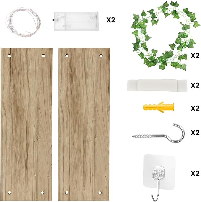 RICHER HOUSE Hanging Floating Shelves No Drill, Macrame Plant Wall Shelf | 2 Set Boho Trinket Shelf with Artificial Ivy and LED Lights, Wall Art Aesthetic Decor, for Bedroom, Dorm, Two-Way Install