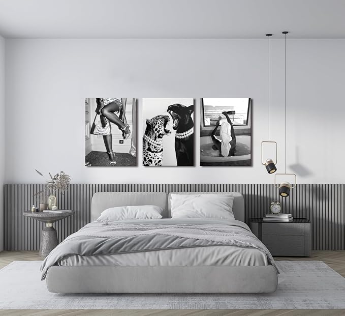 Bathroom Fashion Leopard Print Black and White Canvas Wall Art Trendy Women Posters Paintings Luxury Feminist Pictures Wall Decor for Bedroom Living Room Hallway Home Decoration 16x24 In Framed