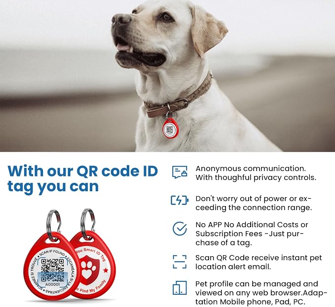 QR Code Dog Tags Personalized for Pets, Real-time Alerts, Red