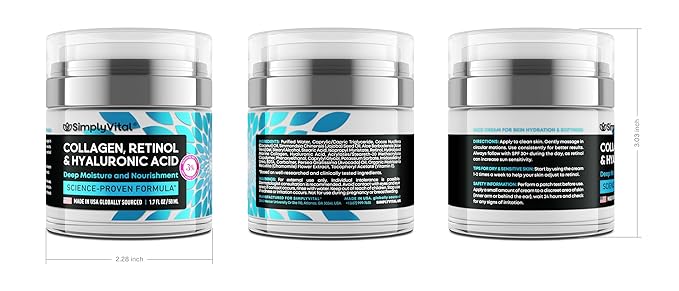 SimplyVital Collagen, Retinol & Hyaluronic Acid Cream - Anti-Aging Face Moisturizer for Face, Firming Skin Care Neck & Décolleté - Made in USA, Daily Moisturizer Face Cream Day & Night - 1.7 fl.oz.