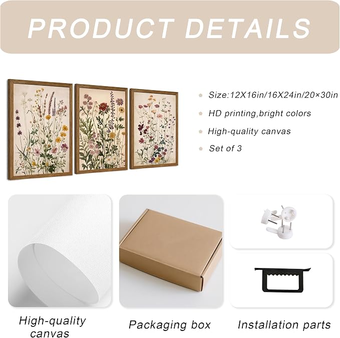 WRFON Botanical and Flower Canvas Wall Art, Framed Wildflower Wall Art Set of 3, Vintage Meadow Flower Canvas Prints, Cottagecore Floral Decor for Living Room Bedroom Bathroom Farmhouse Home, 12x16