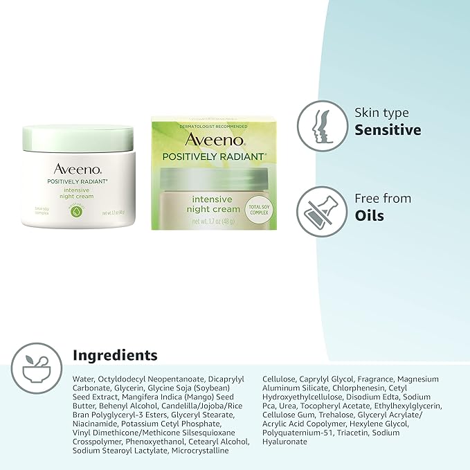 Aveeno Positively Radiant Moisturizing Face & Neck Night Cream with Tone Correcting Soy & Niacinamide,Night Cream Targets Dull Skin-& Evens Skin Tone-& Texture,Hypoallergenic,1.7 oz,(Pack of 2)