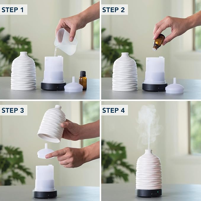 Airome Harmony Medium Porcelain Essential Oil Diffuser|100 mL Humidifying Ultrasonic Aromatherapy Diffuser 8 Colorful LED Lights, Intermittent & Continual Mist, Auto Shut-Off, White