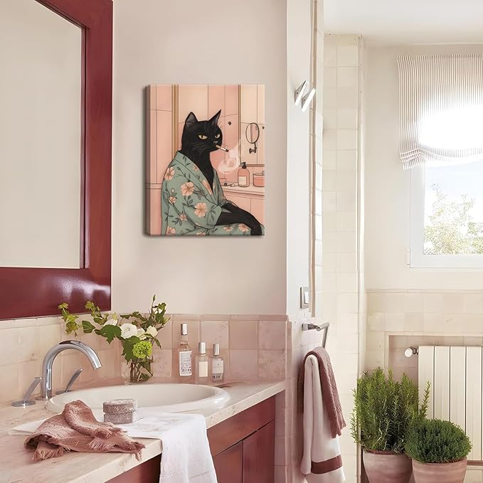 Funny Japanese Black Cat Bathroom Wall Art, Cute Japan Cat in Bathtub Wall Decor Paintings Funky Animal on Toilet Reading Newspaper Poster Canvas Prints Artwork 12x16 inch Framed