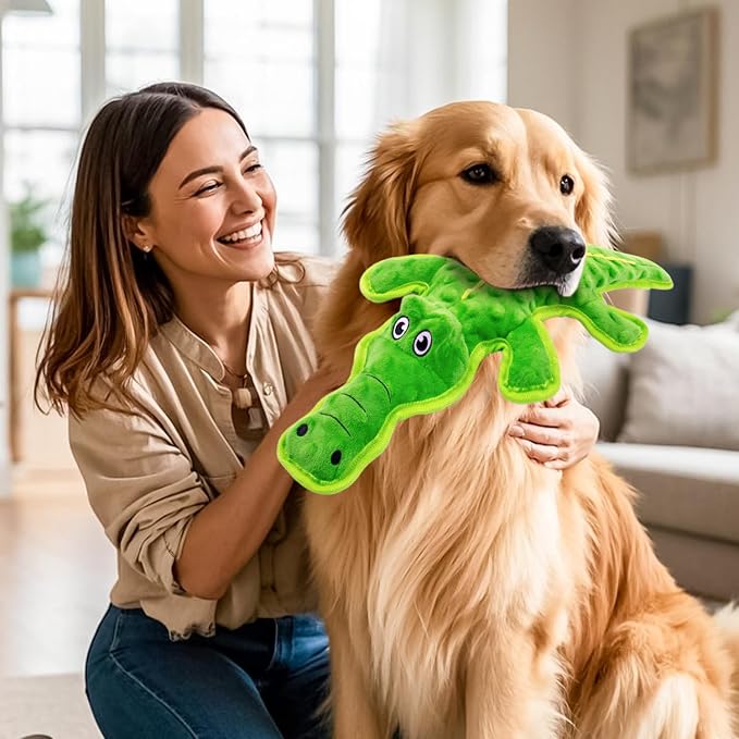 No Stuffing Dog Squeak Toys, Chew Toys for Small, Large Puppies Crocodile | Durable Plush Puppy Teething Toys, Interactive to Keep Pets Busy, Toss Fetch Tug Play, Best Birthday Gift