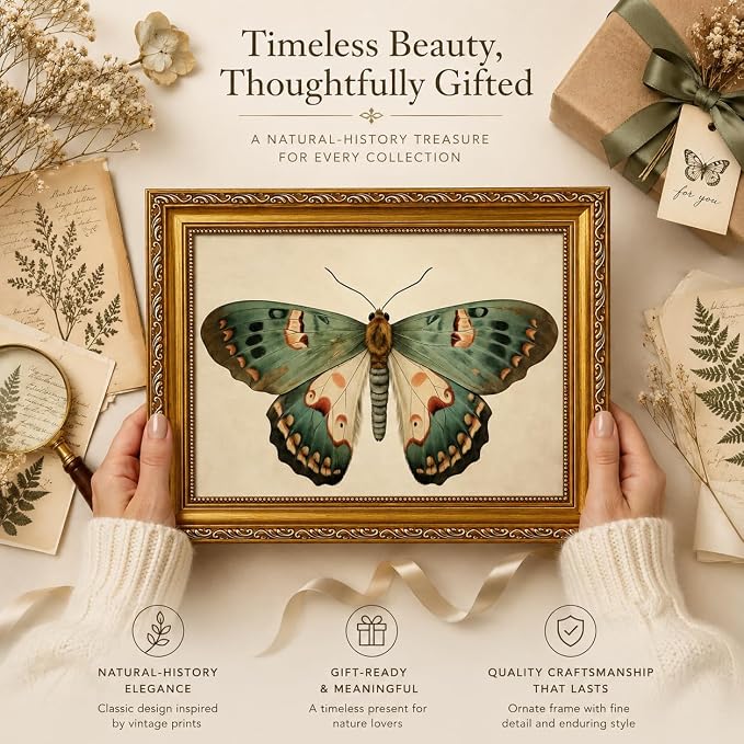 Vintage Butterfly Wall Art, Gold Framed Canvas Print, 16x24 in | Vintage butterfly print with ornate gold frame for bedroom, dining room, bathroom, entryway, and gallery wall decor