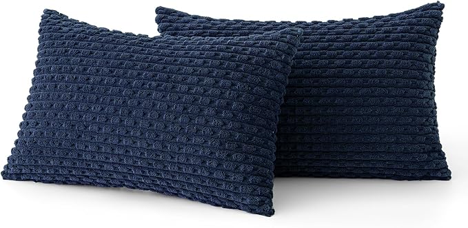 MIULEE Lumbar Decorative Throw Pillow Covers 12x20 Navy Blue Corduroy | Textured Striped Pack of 2 Striped Pillow Covers Modern Farmhouse Coastal Home Decor for Couch Bed Sofa Living Room