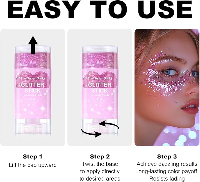 Pink Body Glitter Stick, Sparkling Pink Hair Glitter for Kids and Women, Waterproof Face Hair and Body Glitter Makeup, Rave Accessories Carnival Chunky Sequins