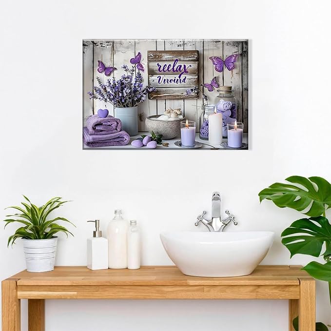 Purple Bathroom Canvas Wall Decor Relax Soak Canvas Wall Art Butterfly Floral Print Poster Artwrok Unwind Bathroom Washroom Painting Pictures 12x16 In